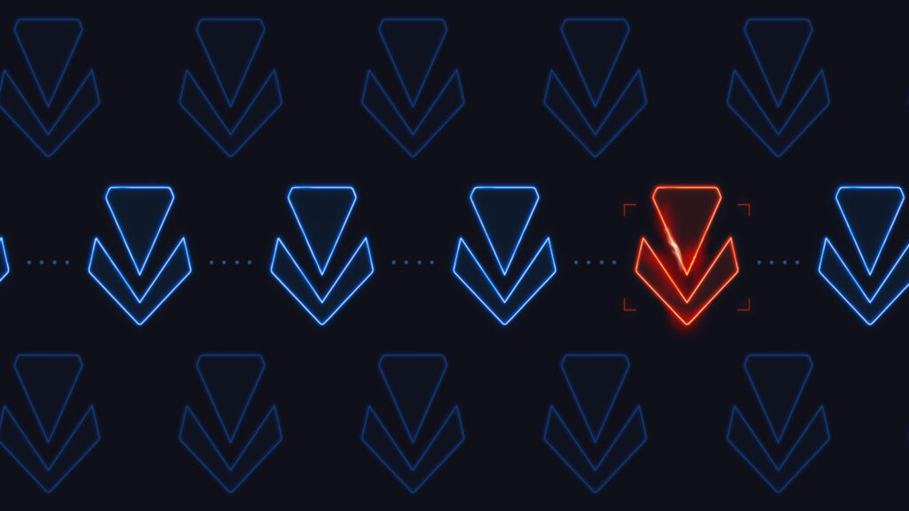 The Vanguard logo in Riot Games in neon blue and neon red